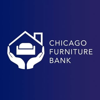 Chicago Furniture Bank logo featuring a house with furniture icon and supporting hands on dark blue background